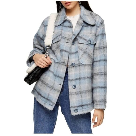 Topshop- Check Button Down Fuzzy Shacket - Picture 3 of 12